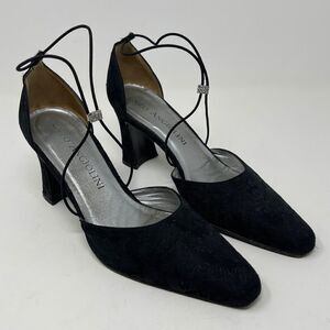 Enzo Angiolini Party Shoe Black Brocade Elastic Straps Rhinestones Size 7